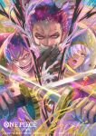  1girl 2boys bisaiiiii brother_and_sister charlotte_cracker charlotte_katakuri charlotte_smoothie commentary_request copyright_name eyelashes gloves hat holding holding_sword holding_weapon looking_at_viewer multiple_boys official_art one_piece one_piece_card_game pink_hair short_hair siblings sword weapon 
