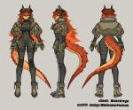 1girl absurdres ammunition_pouch black_bodysuit bodysuit closed_mouth commentary dekamofuchan dot_nose dragon_girl dragon_horns english_commentary english_text full_body gloves goggles goggles_on_head green_jacket grey_background gun handgun highres horns jacket load-bearing_equipment long_hair multiple_views official_art open_clothes open_jacket orange_hair pouch reference_sheet socks_agency tactical_clothes tactical_gloves tail turnaround twitter_username virtual_youtuber weapon yellow_eyes zentreya zentreya_(dragon) zentreya_(dragon)_(tactical) 