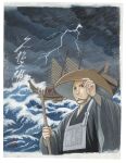  1boy arm_guards artist_name bald black_eyes black_kimono border brown_hat chinstrap closed_mouth cloud dark_cloud dougen_(real_life) hand_on_headwear hat highres hisamatsu_fumio holding japanese_clothes junk_(ship) kimono lightning male_focus ocean official_art outdoors painting_(medium) people rain real_life sailing_ship sandogasa seal_impression ship storm third-party_source traditional_media upper_body watercraft waves white_border 