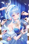  1girl absurdres applying_another's_makeup applying_makeup arm_across_waist bare_shoulders blue_dress blue_gloves blue_hair breasts bridal_gauntlets cleavage closed_mouth commentary_request compact_(cosmetics) cosmetics detached_sleeves dress falling_feathers feathers genshin_impact gloves hair_ornament hand_up highres holding holding_brush holding_compact holding_hair_ornament holding_lipstick_tube holding_makeup_brush lalazyt lipstick_tube looking_at_viewer makeup_brush marquee_lights medium_breasts medium_hair mirror odette_(genshin_impact) purple_eyes reflection reflection_focus short_sleeves smile solo_focus surrounded_by_hands white_bridal_gauntlets 