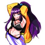  1girl abs absurdres arco_(trickcal) armpits arms_behind_head arms_up blunt_bangs breasts commentary cowboy_shot eysayangban fang from_above high_ponytail highleg highleg_panties highres jacket korean_commentary long_hair long_sleeves looking_at_viewer muscular muscular_female navel orange_jacket panties pants panty_straps ponytail purple_eyes purple_hair purple_pants simple_background skin_fang solo sports_bra transparent_background trickcal underwear very_long_hair 