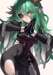  1girl absurdres animal_ears black_dress black_gloves breasts closed_mouth colored_sclera cow_ears cow_girl cow_horns crelly crelly_(mold_mother) cross cross-shaped_pupils dress fang gloves green_eyes green_hair grey_sclera heterochromia highres horns indie_virtual_youtuber long_hair looking_at_viewer makeup mold mole mole_under_mouth own_hands_together pear-shaped_figure praying red_eyes runny_makeup skin_fang suliavtuber symbol-shaped_pupils thighs virtual_youtuber white_background wide_hips 