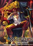  1boy bashikou black_coat blurry blurry_background coat coat_on_shoulders commentary_request copyright_logo copyright_name copyright_notice elbow_rest jolly_roger logo looking_at_viewer male_focus official_art on_throne one_piece one_piece_card_game pants parted_bangs parted_lips pectorals planted planted_sword red_hair sandals scar scar_across_eye scar_on_face shanks_(one_piece) shirt short_hair sitting solo sword throne weapon white_shirt 