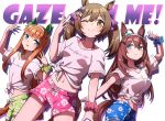  1-4daithi 3girls ;) ahoge animal_ears blue_eyes bow bra brown_hair english_text gaze_on_me!_outfit_(umamusume) green_eyes hair_bow hair_ornament hairband highres horse_ears horse_girl horse_tail long_hair mihono_bourbon_(umamusume) multiple_girls navel nigekiri_sisters_(umamusume) one_eye_closed orange_hair scrunchie shirt shorts silence_suzuka_(umamusume) smart_falcon_(umamusume) smile tail tied_shirt twintails umamusume underwear white_background wrist_scrunchie yellow_eyes 