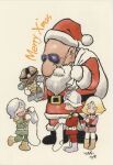  1girl 2005 3boys ^_^ acguy artist_name bald belt black_belt black_boots black_cape blonde_hair blue_eyes boots brown_boots cape cape_grab char_aznable chibi christmas closed_eyes clothes_grab coat dated deformed degwin_sodo_zabi earth_federation epaulettes eye_mask fake_beard fake_facial_hair father_and_child father_and_son fur-trimmed_boots fur-trimmed_coat fur-trimmed_headwear fur_trim garma_zabi gloves green_jacket green_pants grey_boots gundam hair_over_one_eye happy hat helmet highres holding holding_sack holding_toy jacket large_nose marker_(medium) mask mecha merry_christmas military_uniform mobile_suit mobile_suit_gundam mobile_suit_gundam_the_origin multiple_boys official_art one_eye_covered open_mouth pants parent_and_child patch pink_jacket promotional_art purple_hair red_coat red_hat red_jacket red_pants robot sack santa_costume santa_hat sayla_mass scan signature simple_background size_difference smile standing standing_on_one_leg sunglasses sweatdrop third-party_source toy toy_robot traditional_media white_background white_belt white_gloves white_hair white_helmet yasuhiko_yoshikazu zeon 
