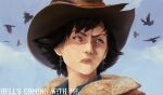  1girl absurdres blue_eyes blue_shirt blue_sky brown_hat brown_jacket commentary cowboy_hat cowgirl_(western) deadlock_(game) earrings english_commentary english_text fur-trimmed_jacket fur_trim hat highres holliday_(deadlock) jacket jewelry kixsune looking_to_the_side no_scarf realistic serious shirt short_hair sky solo 