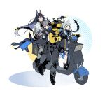  2boys 2girls :3 animal_ear_fluff animal_ears arknights black_gloves black_hair black_jacket black_pants black_shoes blaze_(arknights) blue_eyes cat_ears cat_girl chinese_commentary closed_mouth commentary_request fingerless_gloves full_body giraffe_boy giraffe_ears giraffe_horns gloves green_eyes grey_hair hair_between_eyes hairband head_wings helmet highres holding holding_pen horns jacket logos_(arknights) long_hair long_sleeves looking_to_the_side mechanist_(arknights) mole mole_under_eye motor_vehicle motorcycle mugulifeng multiple_boys multiple_girls on_motorcycle pants pen red_eyes red_hairband riding rosmontis_(arknights) shoes sitting smile white_background wings yellow_gloves yellow_jacket 
