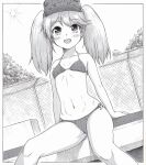  1girl bikini breasts crosshatching dutch_angle fence greyscale h2_(h20000000) hatching_(texture) kantai_collection magatama monochrome navel open_mouth ryuujou_(kancolle) sitting small_breasts smile solo sun swimsuit visor_cap 