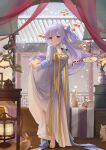  1girl absurdres alternate_costume azur_lane bonsai breasts commentary_request dress flan_ling hand_fan highres holding_own_dress indoors leaning_forward long_hair long_sleeves looking_at_viewer medium_breasts pink_hair purple_eyes rabbit snowing solo unicorn_(azur_lane) very_long_hair white_dress wooden_floor 
