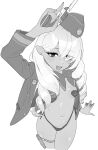  1girl absurdres arm_up bikini bikini_bottom_only blue_archive bow bowtie breasts breasts_apart cropped_legs dice earrings garrison_cap greyscale gun hair_over_one_eye hat heart_pasties highleg highleg_bikini highres holding holding_dice holding_gun holding_weapon holster jacket jewelry light_blush long_hair long_sleeves mitsuki_(blue_archive) mochui monochrome navel open_clothes open_jacket open_mouth pasties pointy_ears revolver small_breasts smile solo stud_earrings swimsuit thigh_holster weapon weapon_request 