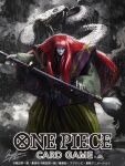  1boy blunt_bangs closed_mouth commentary_request copyright_name full_body hayaken_sarena holding holding_paintbrush japanese_clothes kimono kurozumi_kanjuro long_hair male_focus official_art one_piece one_piece_card_game paintbrush red_hair snake solo 