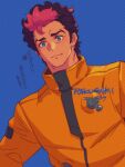  1boy 2026 black_hair blue_eyes commentary dated guel_jeturk gundam gundam_suisei_no_majo ivy_hermit jacket light_smile looking_at_viewer male_focus mole mole_under_eye multicolored_hair orange_jacket pink_hair short_hair sideburns solo two-tone_hair upper_body 