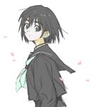  1girl :/ aqua_neckerchief black_eyes black_hair black_sailor_collar black_serafuku black_shirt black_skirt expressionless from_side iovebly long_sleeves looking_at_viewer neckerchief ootsu_mari petals pink_petals sailor_collar sayonara_lara school_uniform serafuku shirt skirt solo 