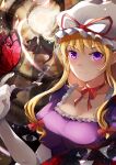  3girls animal blonde_hair blush breasts bug butterfly cleavage closed_mouth collarbone commission dress elbow_gloves gap_(touhou) gloves hat hat_ribbon highres large_breasts long_hair mob_cap multiple_girls pixiv_request purple_dress purple_eyes ra_mun5239 red_ribbon ribbon smile solo_focus touhou upper_body white_gloves white_headwear yakumo_yukari 