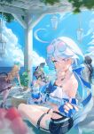  +_+ 4girls :q absurdres ahoge alternate_costume bikini bikini_bottom_under_shorts bikini_under_clothes black_hair blonde_hair blue_eyes blue_gem blue_nails blue_streaks bow cake clorinde_(genshin_impact) comiket_108 commentary_request cup drinking_straw escoffier_(genshin_impact) eyewear_on_head feeding_viewer food furina_(genshin_impact) gem genshin_impact hair_bow halterneck hat heterochromia highres holding holding_cup holding_spoon jewelry long_hair looking_at_viewer mapmap multicolored_hair multiple_girls navia_(genshin_impact) necklace parfait round_eyewear shorts smile solo_focus spoon streaked_hair summer sun_hat swimsuit tail thigh_strap tongue tongue_out two-tone_hair white_bikini white_hair white_hat 