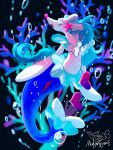  1girl absurdres artist_name blue_tail closed_eyes colored_eyelashes commentary_request coral eyelashes fangs fish furry furry_female gem hair_ornament hat highres korean_commentary long_hair luvdisc mulyongyone pearl pokemon pokemon_(creature) pokemon_focus primarina smile starfish_hair_ornament tail white_eyelashes 