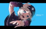  1girl :d \||/ arm_up black_hat blue_background blue_capelet blue_eyes capelet commentary derivative_work fan_request gakuen_idolmaster gradient_sleeves hat head_tilt highres idolmaster katsuragi_lilja kyokkou_(idolmaster) letterboxed light_blush long_sleeves looking_at_viewer official_alternate_costume open_mouth outside_border outstretched_arm reaching reaching_towards_viewer sakura_keita screenshot_redraw short_hair sidelighting simple_background smile solo thank_you translation_request upper_body white_hair 