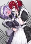  2girls @_@ ange_katrina apron arm_around_another's_waist belt black_belt black_dress black_gloves black_hair blush braid closed_mouth colored_inner_hair commentary_request crossed_bangs dress drop_shadow eye_contact finger_to_cheek fingersmile frilled_dress frilled_wrist_cuffs frills full-face_blush gloves grey_background hair_between_eyes hair_ornament hand_up hands_up highres hyakumantenbara_salome hyakumantenbara_salome_(4th_costume) index_finger_raised juliet_sleeves long_sleeves looking_at_another maid maid_apron maid_headdress medium_hair multicolored_hair multiple_girls nijisanji official_alternate_costume profile puffy_short_sleeves puffy_sleeves purple_eyes purple_hair red_hair short_sleeves sidelocks sleeve_cuffs smile sunao9696 triangle_hair_ornament two-tone_hair updo virtual_youtuber white_apron white_headdress wrist_cuffs x_hair_ornament yuri 