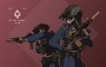  2girls assault_rifle black_hair blonde_hair blue_eyes blue_shirt blue_skirt broken_arrow_(game) bulletproof_vest combat_helmet commentary_request cowboy_shot etmc1992 gloves gun h&amp;k_hk416 helmet highres holding holding_weapon mask multiple_girls night_vision_device original pleated_skirt red_background rifle school_uniform shirt short_hair simple_background skirt tactical_clothes tactical_gloves tactical_school_uniform weapon 