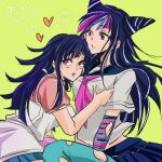  2girls apron arm_warmers black_hair blue_arm_warmers blue_hair blue_skirt blue_streaks blush collared_shirt commentary_request danganronpa_(series) danganronpa_2:_goodbye_despair eyelashes face_piercing green_background grey_shirt hair_horns heart kotobuki_tsumugi long_hair mazori_yo mioda_ibuki mole mole_under_eye mouth_piercing multicolored_hair multiple_girls neckerchief open_mouth piercing pink_arm_warmers pink_eyes pink_hair pink_neckerchief pink_shirt pink_streaks shirt short_sleeves simple_background skirt smile speech_bubble streaked_hair striped_arm_warmers teeth translation_request two-tone_arm_warmers upper_teeth_only white_apron white_hair yuri 