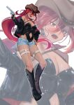  1girl bandana bandana_around_neck bare_shoulders black_boots black_jacket black_leotard boots breasts chest_strap cleavage clothing_cutout colt_python commentary_request commission cowboy_hat cowgirl_(western) dark-skinned_female dark_skin denim denim_shorts fujisaki_subaru full_body gun hair_between_eyes hand_on_own_hip hat highleg highleg_leotard highres holding holding_gun holding_weapon holster jacket knee_boots large_breasts leotard leotard_under_clothes long_hair long_hair_between_eyes looking_at_viewer nail_polish navel navel_cutout o-ring o-ring_thigh_strap off_shoulder open_clothes open_fly open_mouth open_shorts original pixiv_commission ponytail red_bandana red_eyes red_hair red_nails revolver short_shorts shorts signature solo strapless strapless_leotard thick_thighs thigh_holster thigh_strap thighs very_long_hair weapon zoom_layer 