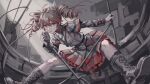  1girl ahoge ai-generated black_boots boots bow buttons commentary double-breasted drill_hair grey_jacket grey_skirt hair_between_eyes hair_bow highres holding holding_microphone jacket kasane_teto kasane_teto_(sv) lace-up_boots long_sleeves looking_at_viewer microphone parted_lips red_eyes red_hair red_trim shirt shoulder_belt shoulder_boards skirt solo twin_drills utau wei_(momoko07dayand1) white_bow 