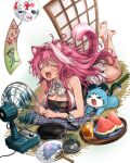  1girl animal_ears barefoot breasts chattino_(raora_panthera) cleavage commentary_request cup drinking_glass electric_fan food fruit hat highres hololive hololive_english large_breasts long_hair lying mosquito_coil on_stomach panther_ears panther_tail pink_hair raora_panthera raora_panthera_(1st_costume) soles sweat tail tcdtcd461651 the_pose toes translated unworn_hat unworn_headwear virtual_youtuber watermelon watermelon_slice 