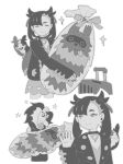  1boy 1girl backpack bag brother_and_sister character_doll closed_eyes closed_mouth collar commentary doll dress gift greyscale hair_ribbon half-closed_eyes highres holding holding_gift jacket long_sleeves marnie_(pokemon) molymes monochrome morpeko morpeko_(full) nail_polish piers_(pokemon) pokemon pokemon_(creature) pokemon_sword_and_shield ribbon siblings sleeves_past_wrists smile sparkle suitcase tearing_up twintails zigzagoon 