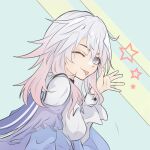  1girl :p ;p absurdres alternate_hair_length_(longer) aqua_background breasts commentary fibonacci_no_usagi from_side gradient_eyes gradient_hair highres honkai:_star_rail honkai_(series) long_hair long_sleeves looking_at_viewer march_7th_(honkai:_star_rail) march_7th_(preservation)_(honkai:_star_rail) medium_breasts multicolored_eyes multicolored_hair one_eye_closed pink_eyes pink_hair shirt solo star_(symbol) tongue tongue_out white_shirt 