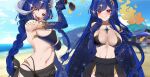  1girl adhesive_bra beach black_sarong black_skirt blue_gloves blue_hair blue_tail blush braid breasts cleavage commentary crescent crescent_hair_ornament day dragon_girl dragon_horns dragon_tail english_commentary fangs fire flame-tipped_tail gloves grey_horns hair_ornament highres holding holding_removed_eyewear horns indie_virtual_youtuber large_breasts long_hair looking_at_viewer navel open_mouth outdoors pointy_ears red_eyes sand sarong skirt smile starry_hair sunglasses tail twin_braids unworn_eyewear vienna_(4th_costume)_(vtuber) vienna_(vtuber) virtual_youtuber water 