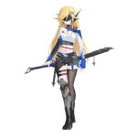  1girl absurdres alternate_costume assault_visor asymmetrical_legwear asymmetrical_sleeves azure_striker_gunvolt belt black_shorts blade_(gunvolt) blonde_hair boots breasts commission commissioner_upload crop_top fingerless_gloves full_body gloves gunvolt_chronicles_luminous_avenger_ix hair_ornament hand_on_hilt highres knee_armor leg_armor long_bangs long_hair looking_at_viewer mechanical_ears medium_breasts multiple_belts navel non-web_source rhan scabbard sheath shorts shoulder_strap solo swept_bangs sword thigh_strap thighhighs thighs transparent_background weapon 