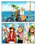  2girls 4boys alternate_costume arms_up backpack bag baseball_cap bicycle black_hair blonde_hair blue_shirt blue_sky brown_pants brown_skirt cardigan cloud cloudy_sky commentary english_commentary from_side green_hair green_hat green_jacket grin haramaki hat highres hood hoodie jacket jewelry kaya_(one_piece) ki2ri5 long_hair long_nose long_sleeves monkey_d._luffy motion_lines multiple_boys multiple_girls nami_(one_piece) necklace notice_lines ocean on_bicycle one_piece open_mouth orange_hair outdoors pants pink_shirt red_hoodie riding riding_bicycle roronoa_zoro sanji_(one_piece) scar scar_on_cheek scar_on_face shirt short_hair skirt sky smile straw_hat straw_hat_pirates twitter_username usopp white_cardigan 