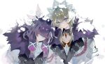  2girls absurdres aiguillette black_hair blue_eyes blurry blurry_foreground bow brown_hair caicaizi_(dois1) chinese_commentary closed_mouth coat columbina_(genshin_impact) commentary_request detached_collar eye_mask fatui_coat fur-trimmed_coat fur_trim gem genshin_impact hair_ornament hair_tubes highres leaning_on_person long_sidelocks mask multicolored_hair multiple_girls multiple_wings purple_hair purple_streaks red_gem sandrone_(genshin_impact) short_hair_with_long_locks sidelocks simple_background smile snow streaked_hair two-tone_hair upper_body white_background white_bow white_headdress white_wings wing_hair_ornament wings 
