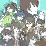  1boy aiming alternate_costume angry commentary_request expressionless glasses highres hiyama_kiyoteru kim_seller official_alternate_costume praying round_eyewear smile suit teacher vocaloid 