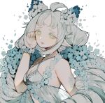  1girl ahoge animal_ears babydoll blue_babydoll blue_flower bracelet colored_eyelashes criss-cross_halter drill_hair fake_animal_ears falling_petals flower flower_bracelet hair_flower hair_ornament halterneck highres jewelry lips littlebluemuffin long_hair original petals pointy_ears see-through_babydoll see-through_clothes twin_drills very_long_hair watermark white_background white_eyelashes white_eyes white_flower white_hair 