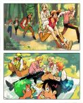  2girls 4boys alternate_costume backpack bag baseball_cap black_hair black_pants blonde_hair blue_pants brown_pants brown_skirt cardigan carrying closed_mouth clothes_around_waist earrings forest grass green_hair green_jacket haramaki hat highres holding holding_plate hood hood_down hoodie jacket jacket_around_waist jewelry kaya_(one_piece) ki2ri5 long_hair long_nose long_sleeves monkey_d._luffy multiple_boys multiple_girls nami_(one_piece) nature one_piece open_mouth orange_hair outdoors pants picnic picnic_basket picnic_blanket piggyback pink_shirt plate red_hoodie roronoa_zoro sanji_(one_piece) shirt short_hair short_sleeves sitting skirt smile straw_hat straw_hat_pirates tree twitter_username usopp walking white_cardigan white_shirt 