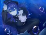  1girl ascot black_dress black_hat blue_eyes blue_hair breasts calamity_(terraria_mod) character_request commentary_request dr._halibut_(calamity_mod) dress fish gem hat highres large_breasts long_hair long_sleeves looking_at_viewer monocle personification smile solo terraria top_hat underwater user_xyxs5455 