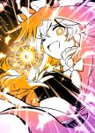  1girl :d ;d absurdres apron attacking_viewer bow braid commentary_request glowing hair_bow hat highres kakunoshin22 kirisame_marisa long_hair long_sleeves looking_at_viewer mini-hakkero one_eye_closed open_mouth powering_up side_braid single_braid skirt smile solo star-shaped_pupils star_(symbol) symbol-shaped_pupils touhou vest waist_apron witch_hat 