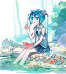  1girl aqua_eyes aqua_hair aqua_trim blush commentary_request cucumber faucet food forest fruit grey_shirt hair_between_eyes hatsune_miku highres holding holding_food holding_fruit lake mi_no_take midriff_peek nature number_tattoo open_clothes open_vest outdoors ramune rock shirt sleeveless sleeveless_shirt solo strapless tattoo toe_dipping tomato tube_top twintails vest vocaloid water watermelon watermelon_slice 
