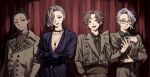  4boys 79yo_uguisu :d ace_trappola ace_trappola_(luxe_couture) ahoge androgynous arms_at_sides asymmetrical_hair asymmetrical_jacket azul_ashengrotto azul_ashengrotto_(luxe_couture) bishounen black_gloves blonde_hair brown_eyes brown_hair brown_jacket brown_shirt buttons cocked_eyebrow collarbone collared_shirt commentary_request contrast_lapels cornrows crossed_arms curtained_hair curtains dark-skinned_male dark_skin double-breasted eyeshadow fingernails gloves gold_choker gradient_hair green_shirt grey_hair hair_over_one_eye hand_on_own_arm hand_on_own_chest hand_up highres indoors jacket jamil_viper jamil_viper_(luxe_couture) jewelry lapels light_smile lineup long_bangs long_hair looking_at_viewer loose_necktie makeup male_focus mole mole_under_mouth multicolored_hair multiple_boys narrowed_eyes necklace necktie orange_eyeshadow pale_skin parted_bangs partially_unbuttoned purple_jacket raised_eyebrows raised_inner_eyebrows red_necktie shaftlands'_tapis_rouge shiny_lips shirt short_hair smile smirk spotlight studded_jacket studs twisted_wonderland vil_schoenheit vil_schoenheit_(luxe_couture) wide_sleeves wingtip_collar yellow-framed_eyewear 