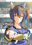  1girl animal_ear_piercing animal_ears blue_hair blue_shirt brown_hair closed_mouth commentary_request confetti crown daitaku_helios_(fun_fun_party_night)_(umamusume) daitaku_helios_(umamusume) day ear_covers facial_tattoo hair_between_eyes hair_ornament hairclip highres horse_ears horse_girl jewelry looking_at_viewer medium_hair multicolored_hair multicolored_nails nail_polish necklace outdoors reaching reaching_towards_viewer shirt short_sleeves side_ponytail sidelocks smile solo_focus star_(symbol) star_hair_ornament streaked_hair striped_clothes striped_shirt tattoo twitter_username uma_motiyodor umamusume yellow_eyes yellow_shirt 