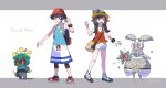  1boy 1girl bag banned_artist black_hair blue_shirt bracelet braid character_name clenched_hand closed_mouth commentary_request elio_(pokemon) flower hand_up hat hat_flower highres holding holding_poke_ball jewelry leggings magearna marshadow nin_(female) orange_shirt poke_ball poke_ball_(basic) pokemon pokemon_(creature) pokemon_(game) pokemon_usum red_footwear red_headwear selene_(pokemon) shirt shoes short_hair shorts shoulder_bag sleeveless sleeveless_shirt smile standing twin_braids white_shorts z-ring 