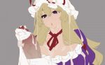  1boy 1girl :o animated animated_gif blonde_hair bow breasts censored cleavage cum cum_on_body cum_on_breasts cum_on_clothes cum_on_headwear dress ejaculation facial flat_color frilled_dress frills gloves hair_bow handjob hat hat_ribbon hetero highres huge_breasts long_hair looping_animation mob_cap mosaic_censoring parted_lips penis purple_dress purple_eyes ribbon touhou umezawa_itte unfinished yakumo_yukari 