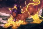  1girl absurdres all_fours animal_ears artist_name ass bare_shoulders bikini bleach bleach:_sennen_kessen-hen breasts cat_ears cat_tail commentary commission crossed_arms dark-skinned_female dark_skin elbow_gloves english_commentary fiery_clothing fiery_ears fiery_tail fire gloves hair_over_shoulder highleg highleg_bikini highres large_breasts long_hair looking_at_viewer parted_bangs parted_lips ponytail purple_hair rgate rock shihouin_yoruichi shunryuu_kokubyou_senki smile solo strapless strapless_bikini swimsuit tail thick_thighs thighhighs thighs toned toned_female very_long_hair yellow_eyes 