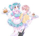  2girls :q absurdres androgynous apron blonde_hair breasts burger character_name choker closed_mouth clothes_writing collared_shirt commentary_request dress drill_hair female_producer_(idolmaster) food frilled_apron frills green_dress green_hair hair_ornament hairclip hand_on_another's_waist heart heart_hair_ornament highres holding holding_food holding_tray idolmaster idolmaster_million_live! idolmaster_million_live!_theater_days kiraku_(s2_ou0uo_s2) korean_commentary looking_at_viewer maid_headdress marshmallow multiple_girls necktie official_alternate_hairstyle orange_eyes original pinstripe_dress pinstripe_pattern pinstripe_shirt producer_(idolmaster) pudding puffy_short_sleeves puffy_sleeves purple_necktie shirt short_sleeves side-by-side simple_background standing star_(symbol) star_hair_ornament thighhighs tokugawa_matsuri tongue tongue_out tray twin_drills waist_apron waitress white_apron white_background white_choker white_thighhighs yellow_eyes yellow_shirt 