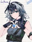  1girl ahoge arknights bare_shoulders black_eyes black_gloves black_hair breasts character_name commentary_request feather_hair fingerless_gloves frown gloves grey_shirt hair_intakes heart heart_hands highres la_pluma_(arknights) long_hair looking_at_viewer no_jacket paper_background shirt short_hair simple_background sleeveless sleeveless_shirt small_breasts solo upper_body white_background yuyan_yu_yan 
