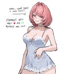  1girl alternate_costume babydoll blue_babydoll breasts bunnyoki cleavage commentary english_text hair_intakes highres large_breasts like_and_retweet looking_at_viewer medium_hair missing_wings pink_hair purple_eyes remielle_dan simple_background smile solo white_background zenless_zone_zero 