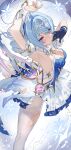  1girl absurdres armpit_focus armpits arms_up ballerina blue_dress blue_gloves blue_hair blush breasts cleavage commentary_request dress from_side genshin_impact gloves highres kkkula_(kula) leg_up looking_at_viewer medium_breasts odette_(genshin_impact) pantyhose presenting_own_armpit purple_eyes single_glove solo strapless strapless_dress torn_clothes torn_pantyhose white_pantyhose 