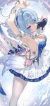  1girl absurdres armpits arms_up ballerina blue_dress blue_gloves blue_hair breasts cleavage commentary_request dress from_side genshin_impact gloves highres kkkula_(kula) leg_up looking_at_viewer medium_breasts odette_(genshin_impact) pantyhose purple_eyes single_glove solo strapless strapless_dress white_pantyhose 