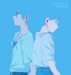  2boys adam's_apple back-to-back black_pants blending closed_mouth commentary dated dress_shirt earphones edie_zzzzz highres ikari_shinji male_focus multiple_boys nagisa_kaworu neon_genesis_evangelion pants shared_earphones shirt shirt_tucked_in short_hair smile twitter_username untranslatable_commentary white_shirt 